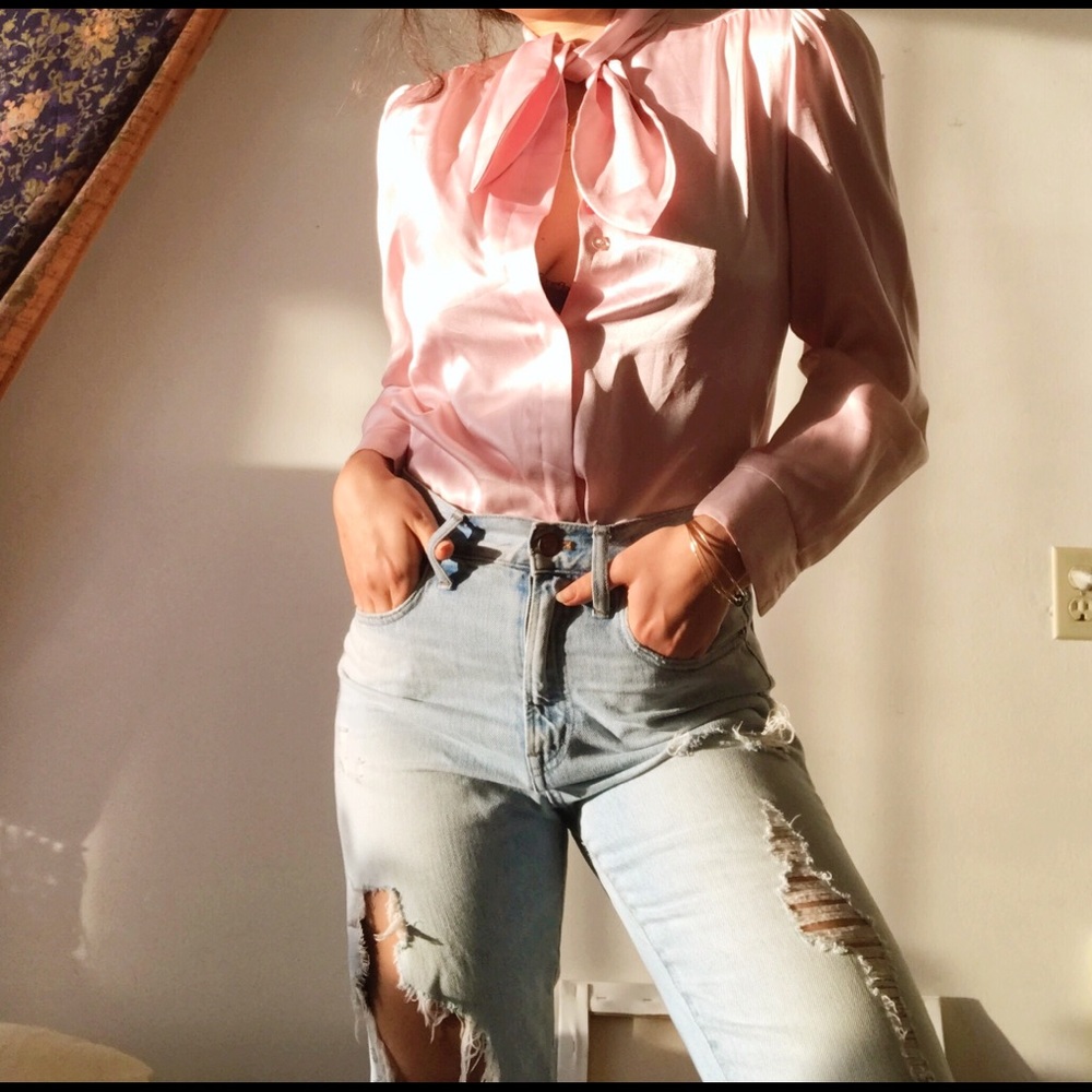 VINTAGE silky baby pink blouse with ties